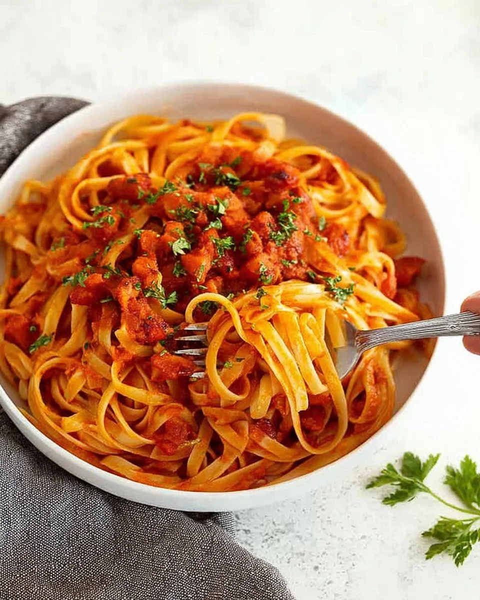 Plate of pasta topped with rich tomato butter sauce and fresh herbs.