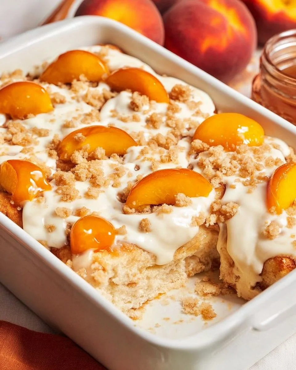 Delicious Peach Cobbler Cinnamon Rolls topped with crumble and cinnamon sugar