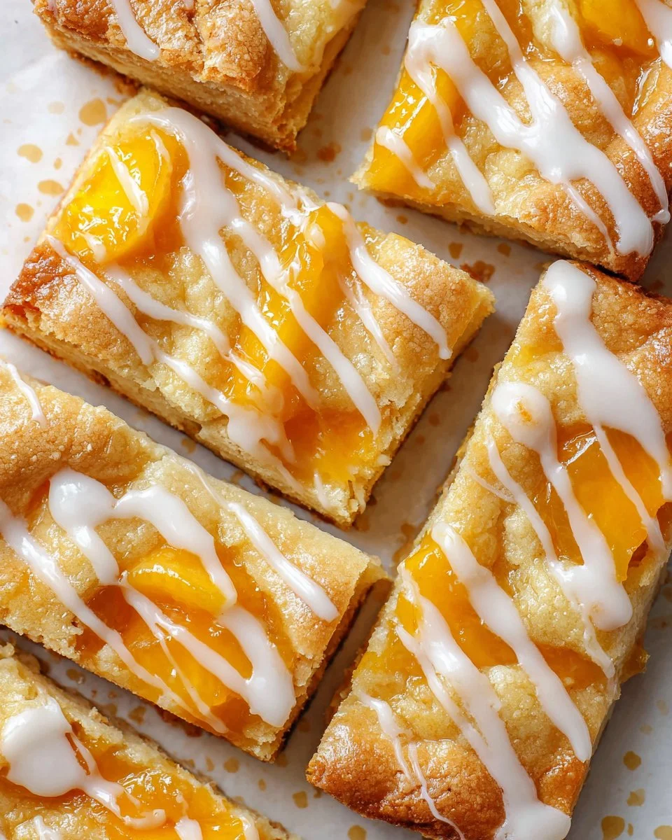 Freshly baked peach pie bars with a golden crust and juicy peach filling