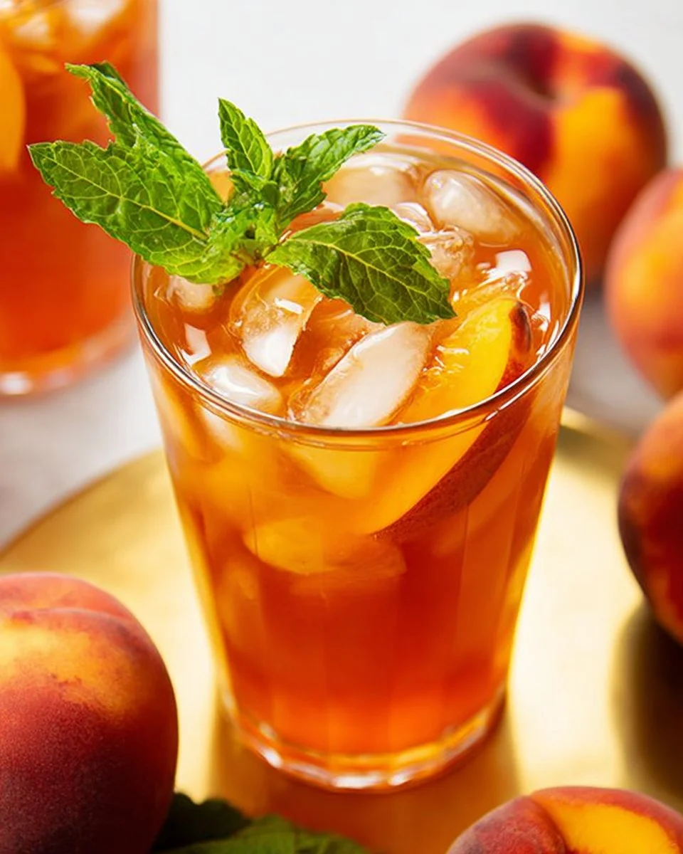 Glass of Peach Sweet Tea garnished with fresh peach slices and mint leaves