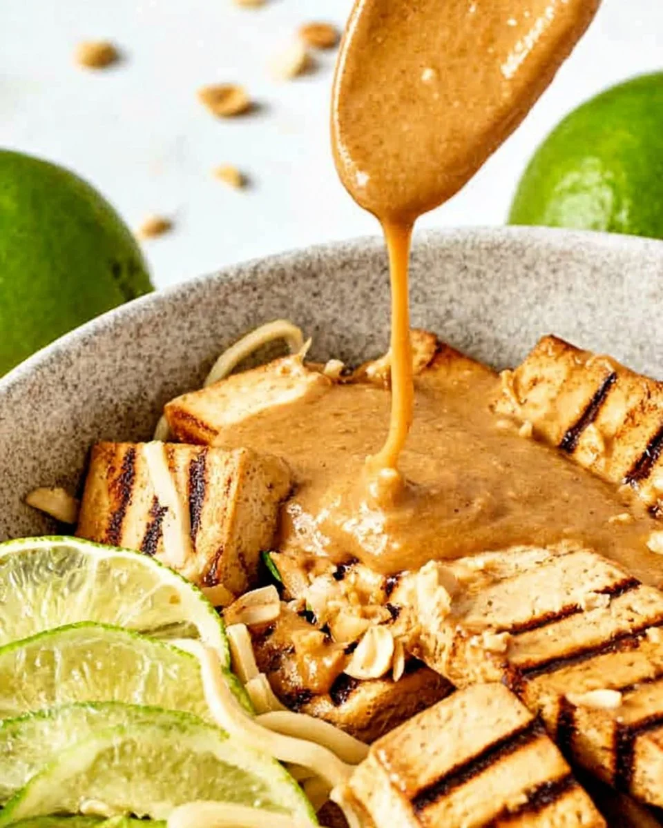 Bowl of delicious peanut sauce with fresh ingredients for dipping or drizzling.