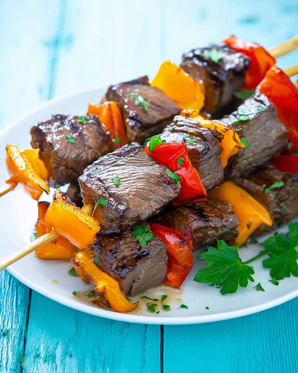 Pepper steak kabobs on a grill, showcasing juicy beef and vibrant peppers.