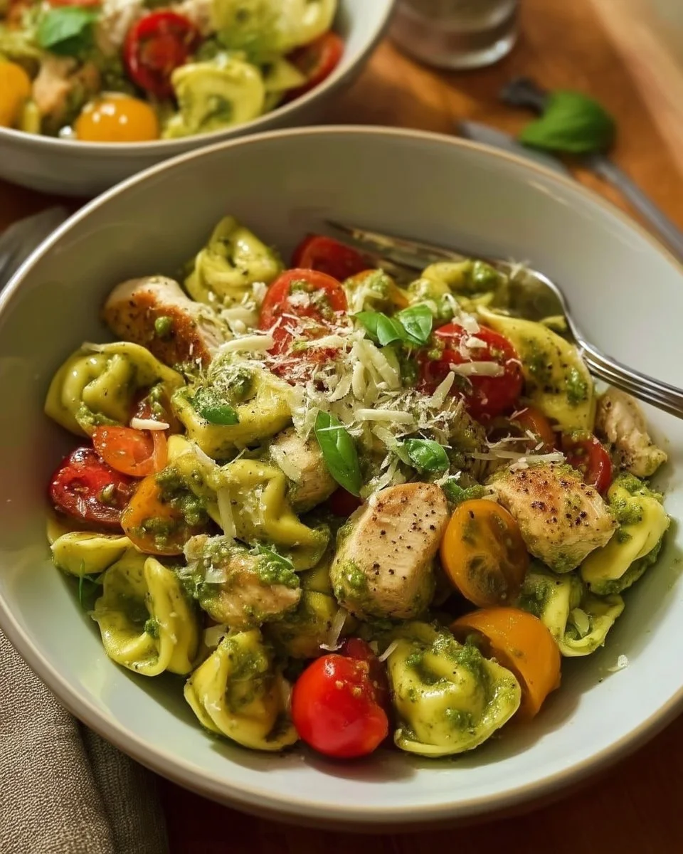Delicious Pesto Chicken Tortellini topped with fresh cherry tomatoes