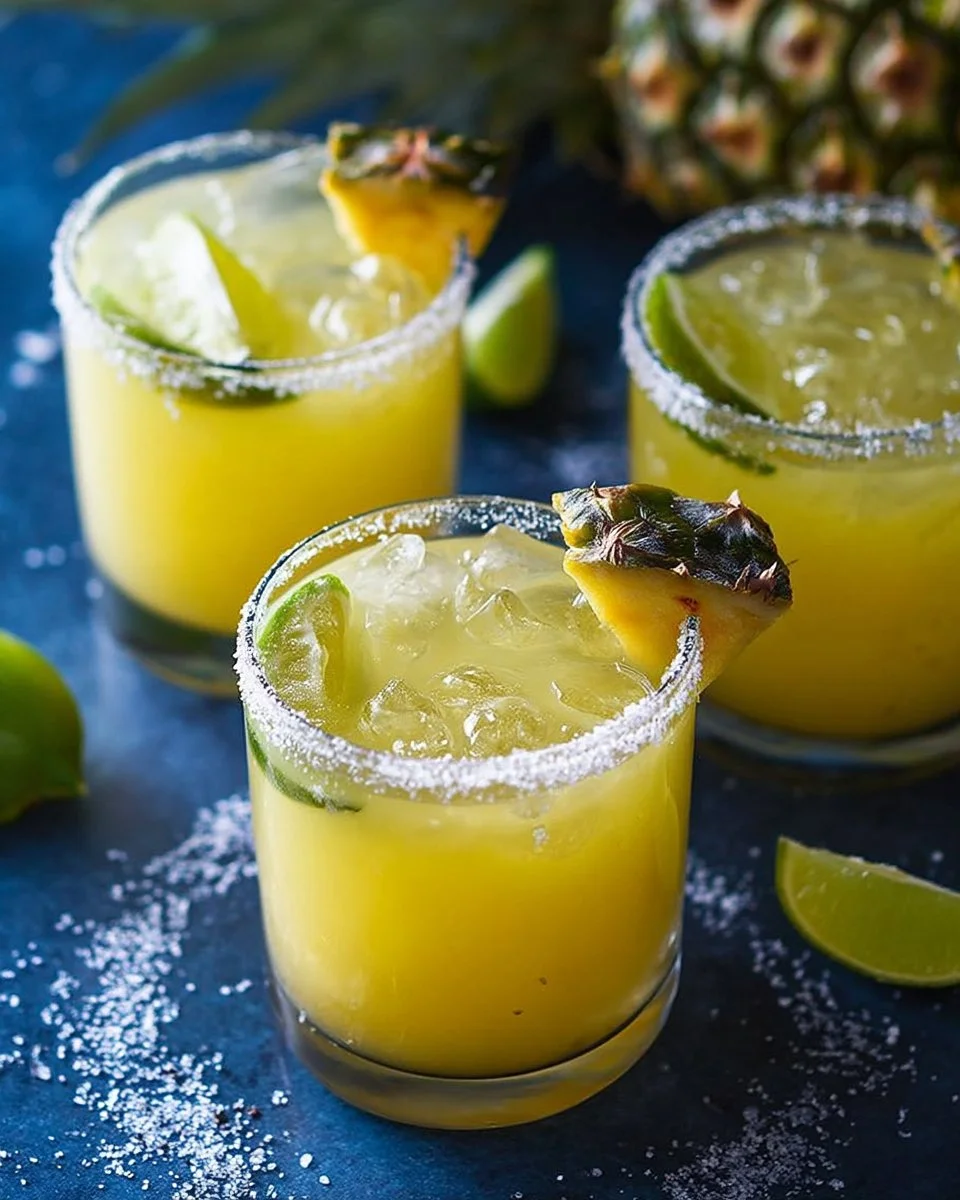 A vibrant Pineapple Margarita served in a glass with fresh pineapple slice and lime.