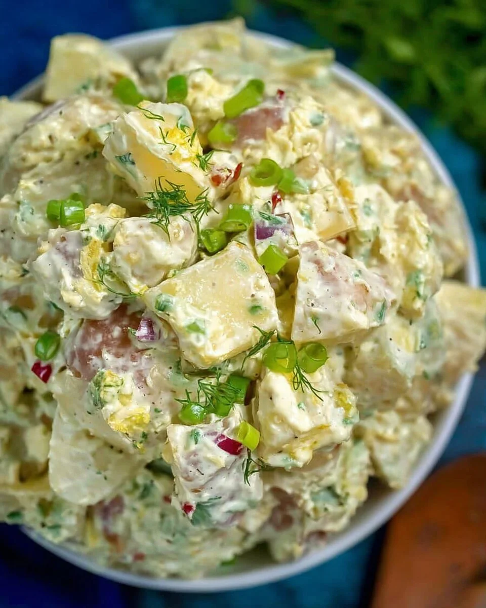 Delicious homemade potato salad with herbs and spices.