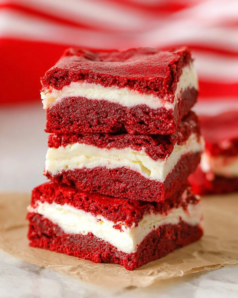 Delicious Red Velvet Cheesecake Swirl Brownies topped with cream cheese frosting