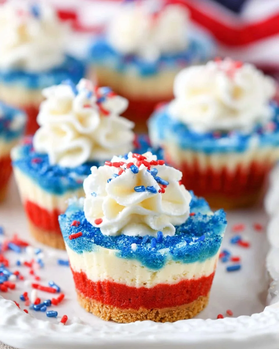 Red, White, and Blue mini cheesecakes topped with berries and whipped cream