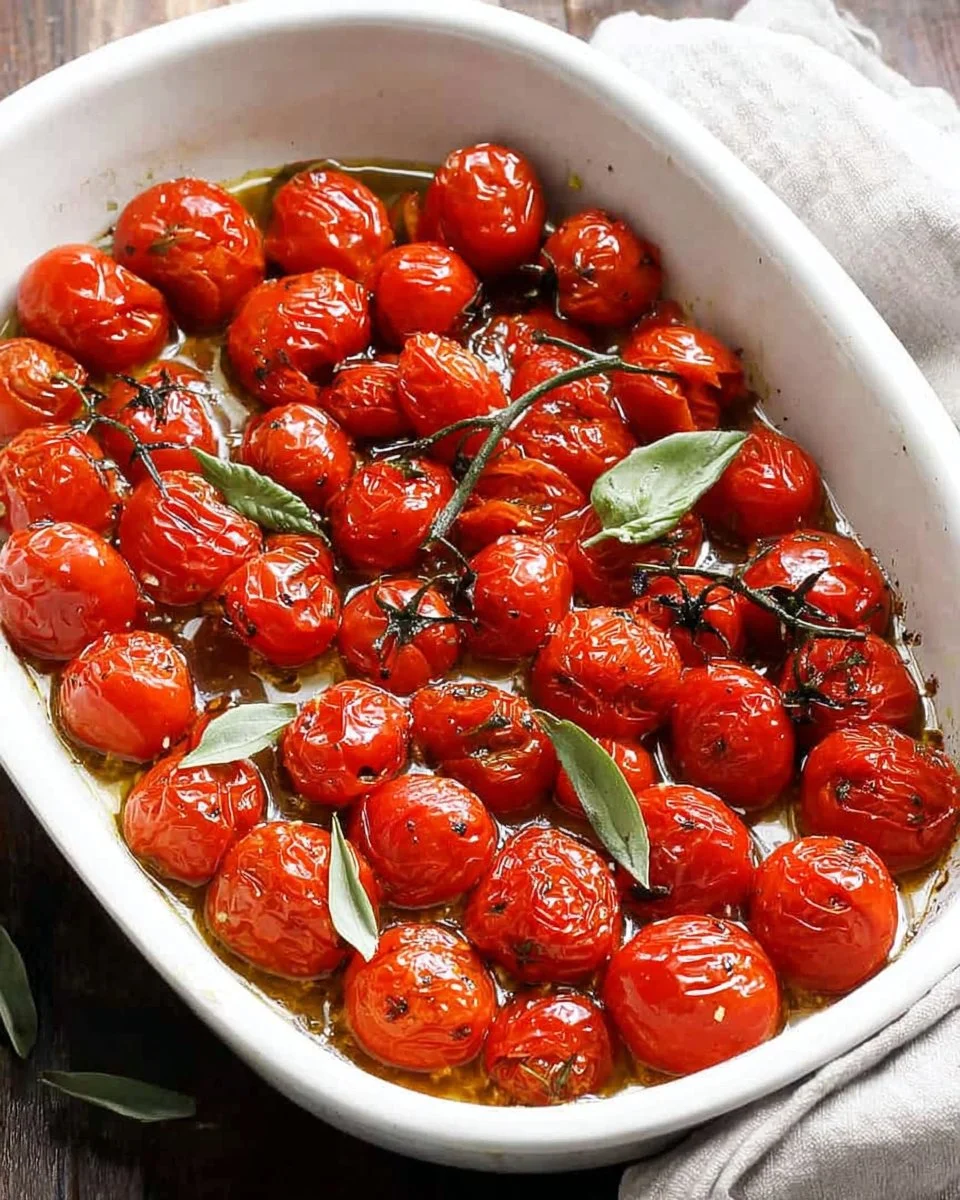 Bowl of roasted cherry tomatoes garnished with herbs
