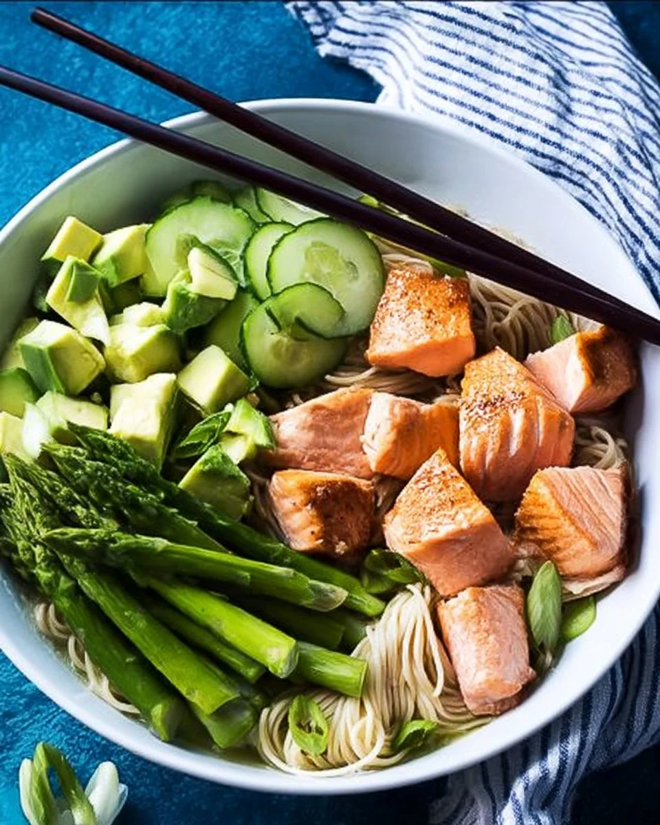 Delicious salmon noodle bowls topped with fresh vegetables and herbs
