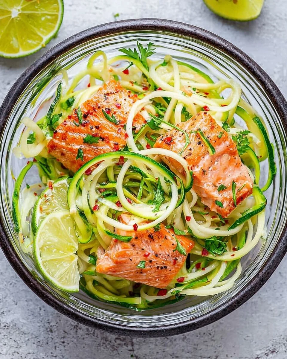 Plate of salmon fillet served with spiraled zucchini noodles