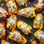 Sausage stuffed mini sweet peppers baked to perfection, ready to serve.