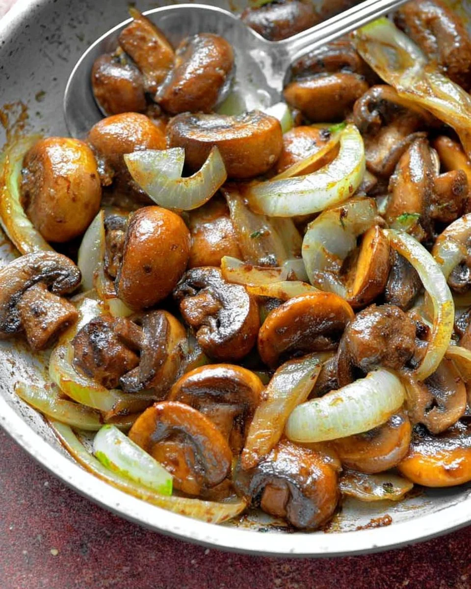 Delicious sautéed mushrooms and onions dish garnished, ready to serve.
