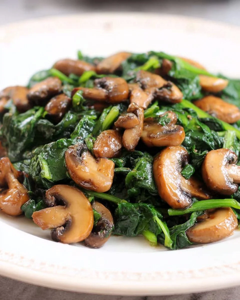 Sautéed spinach and mushrooms in a skillet, ready to serve as a side dish.