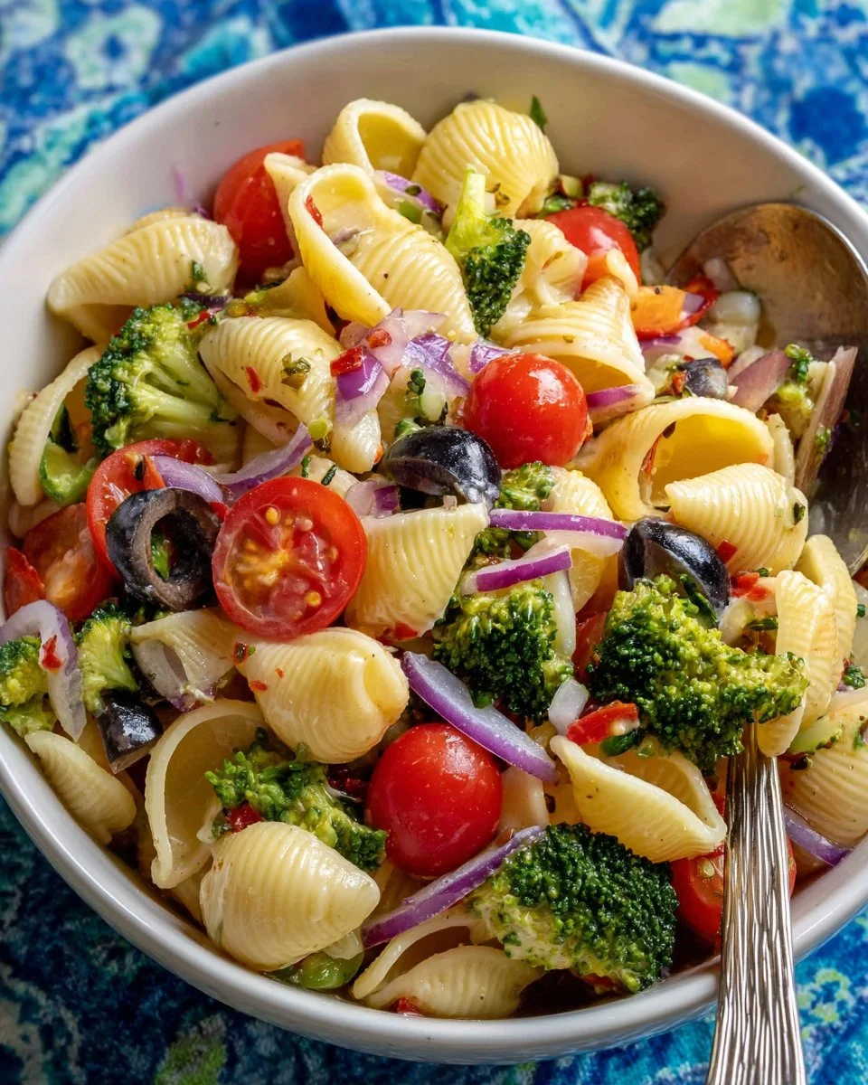 Delicious Shell Pasta Salad with fresh vegetables and dressing