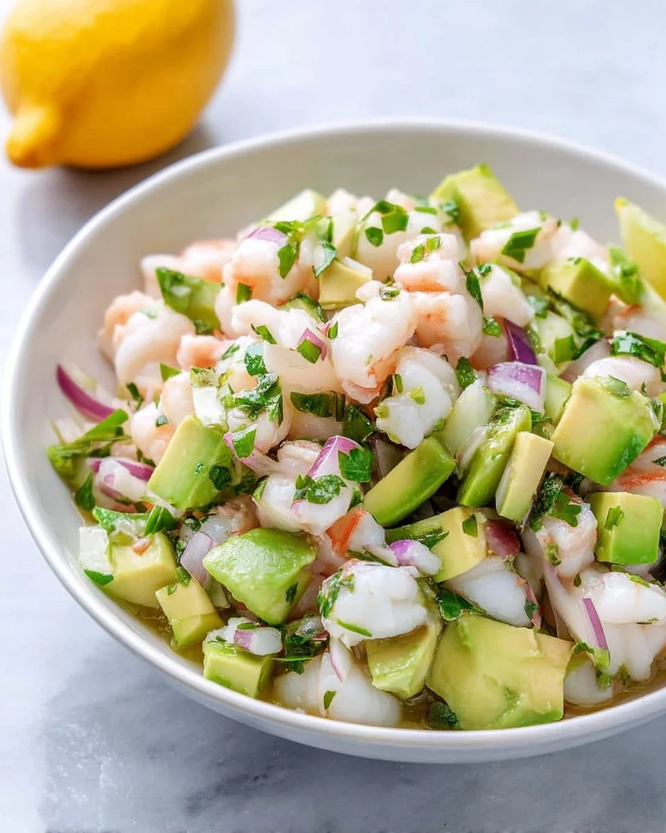 Delicious shrimp ceviche served in a fresh lime marinade with vegetables.