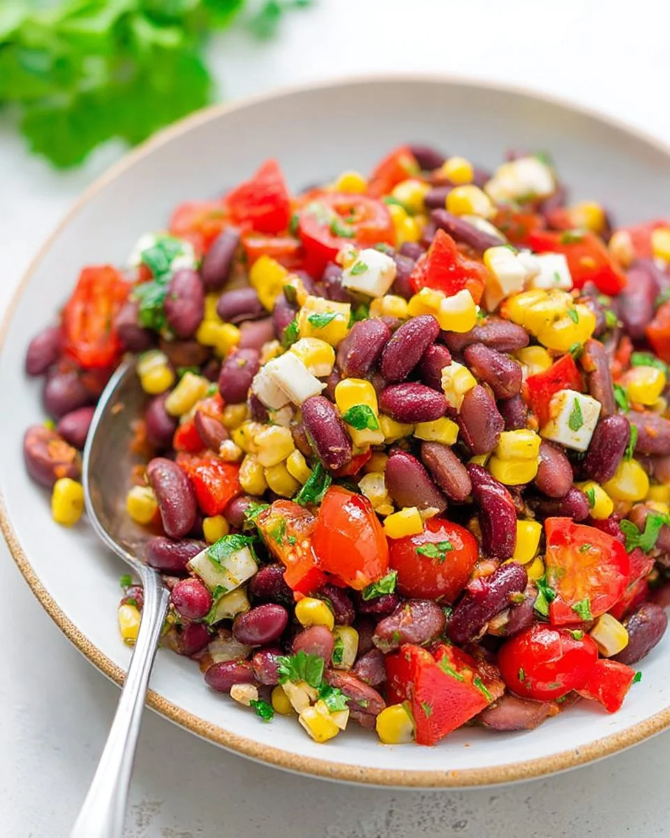 Healthy Skinny Mexican Bean Salad with Corn featuring beans, corn, and fresh veggies.