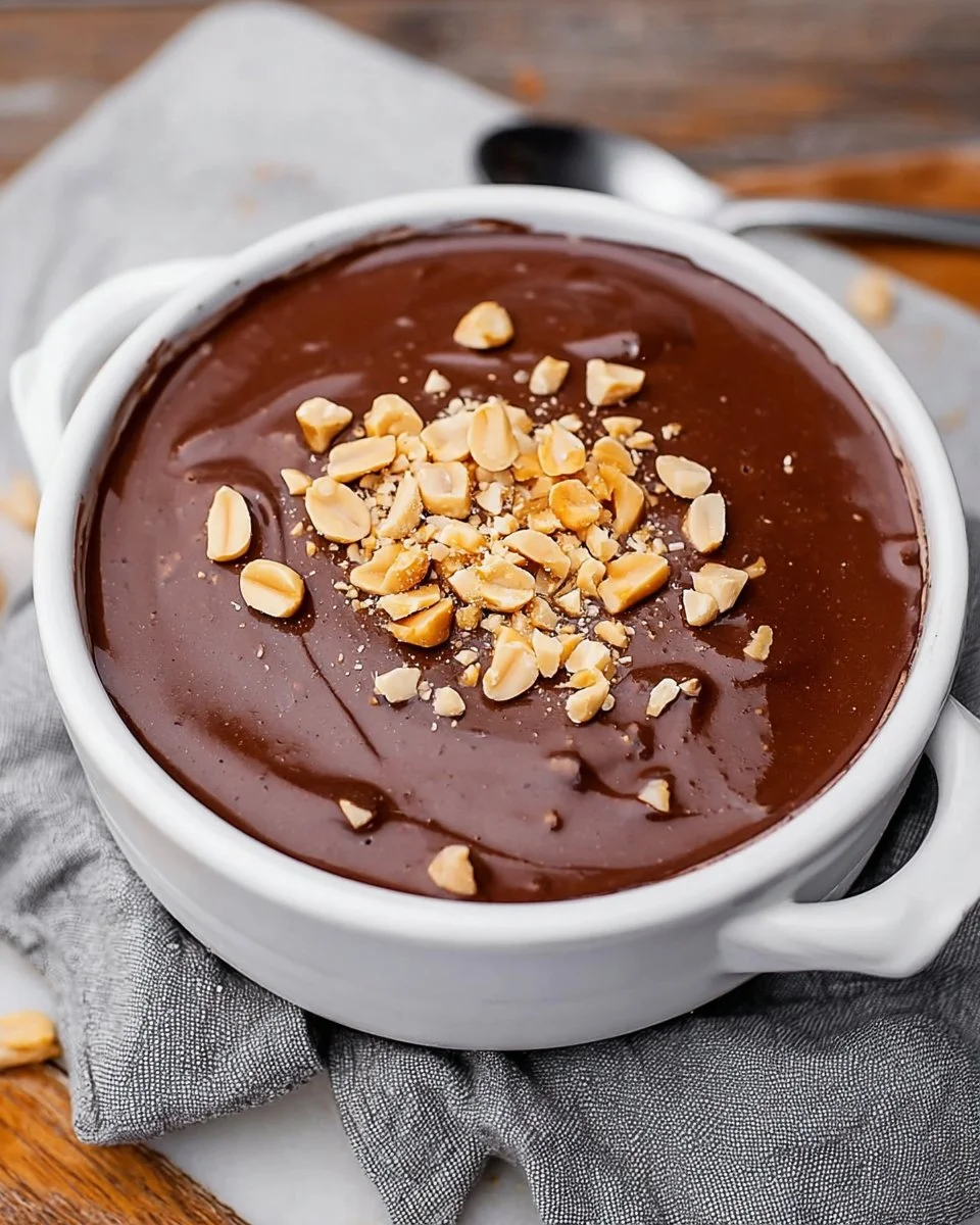 Bowl of Snickers Overnight Oats topped with peanuts and chocolate drizzle