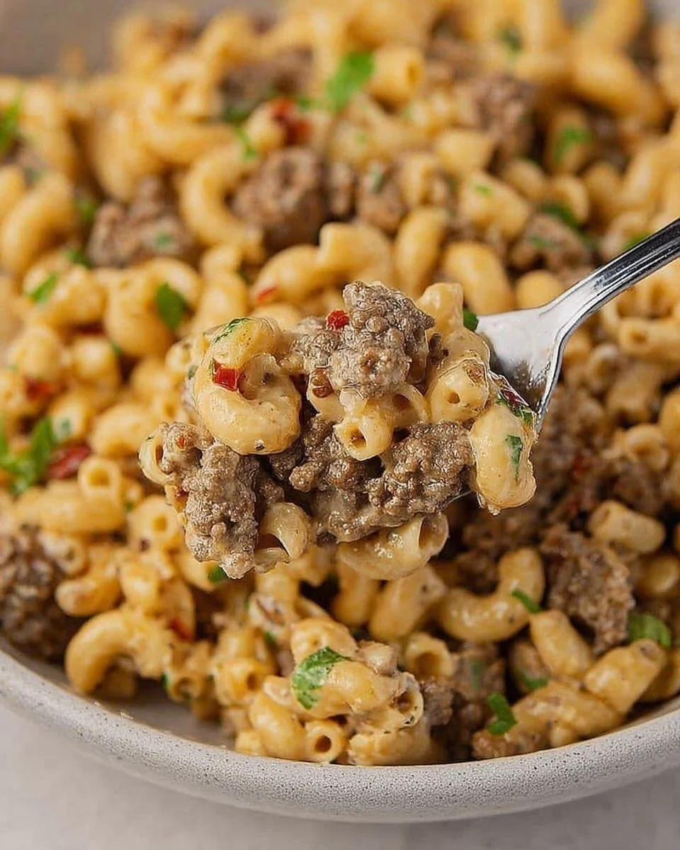 Spicy Garlic Parmesan Hamburger Helper dish served in a bowl