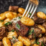 Delicious steak bites served with fluffy gnocchi on a plate.