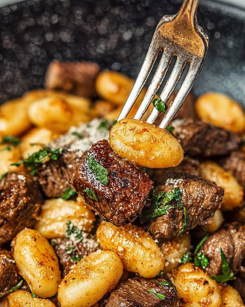 Delicious steak bites served with fluffy gnocchi on a plate.