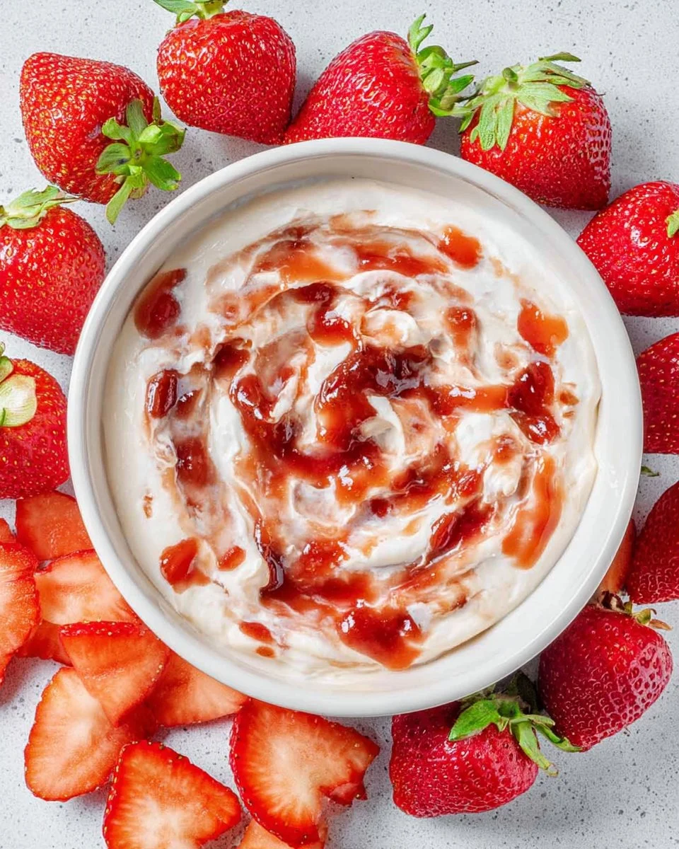 Delicious strawberry cheesecake dip served in a bowl with fresh strawberries.