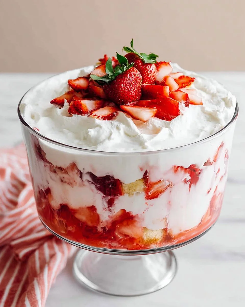 Delicious Strawberry Shortcake Trifle with layers of strawberries and cream.