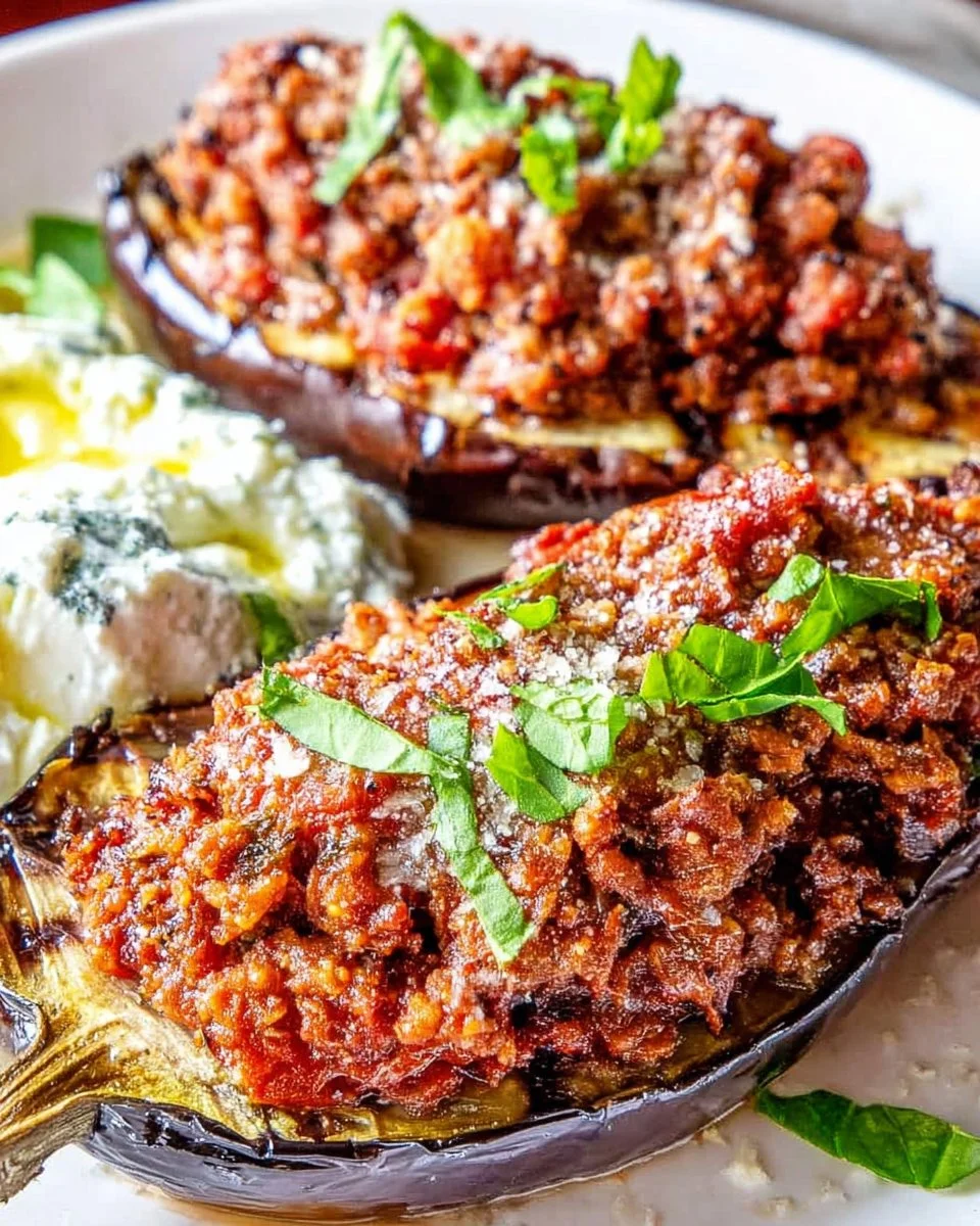Delicious stuffed eggplant filled with savory ingredients, ideal for a healthy meal.