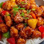 Delicious Sweet and Sour Chicken served with colorful vegetables