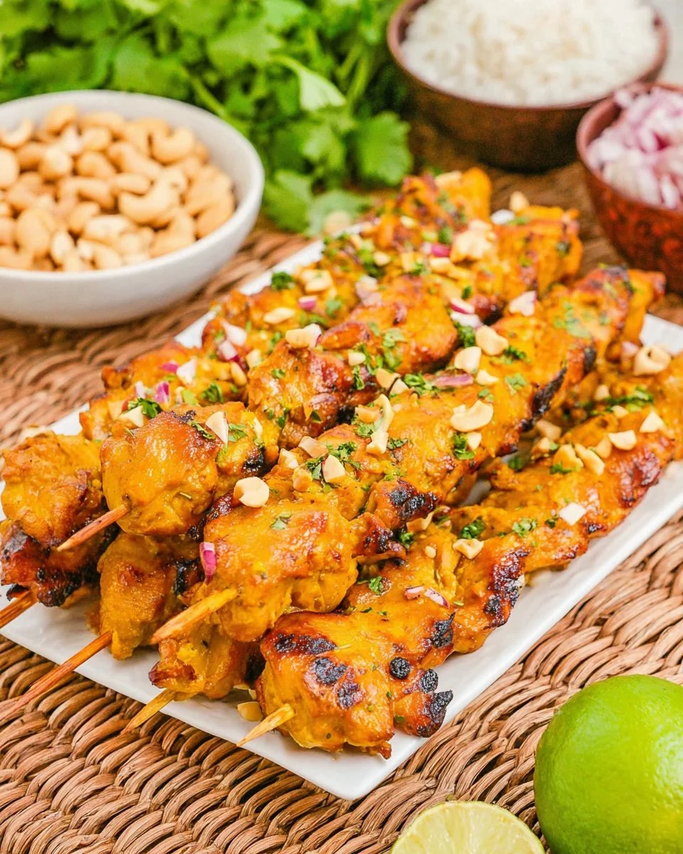 Thai grilled coconut chicken skewers on a plate garnished with herbs