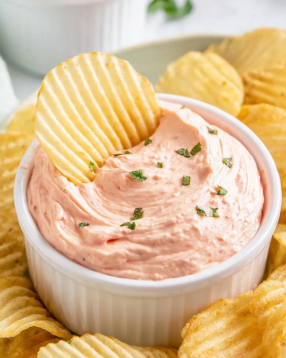 Creamy potato chip dip served with crispy chips on a platter
