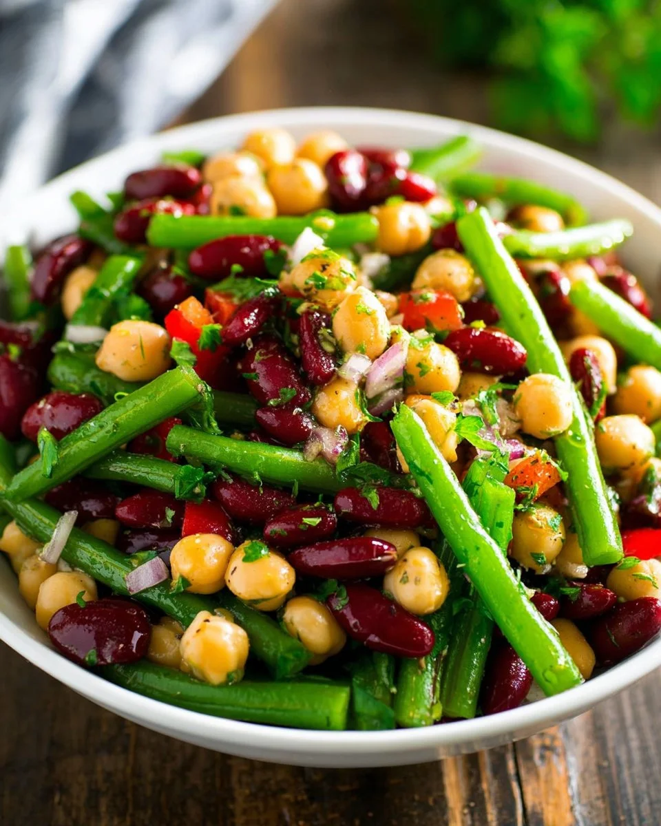 A colorful bowl of Three Bean Salad with different types of beans and vegetables