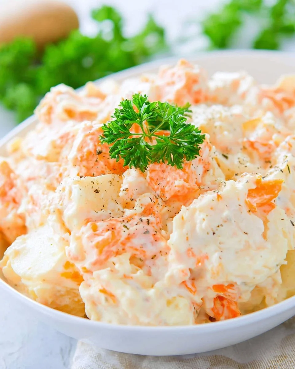 Three Potato Salad with colorful potatoes, herbs, and dressing in a bowl