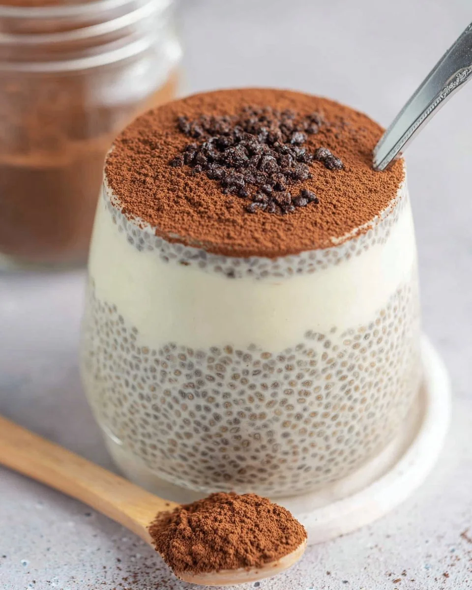 Delicious Tiramisu Chia Pudding topped with cocoa and coffee