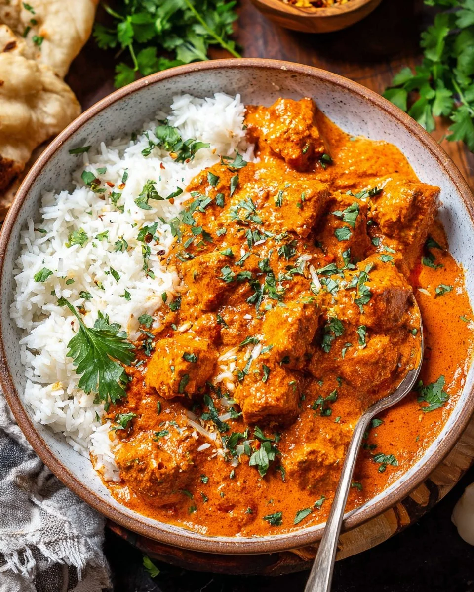 Delicious Tofu Tikka Masala served with rice and garnished with herbs.