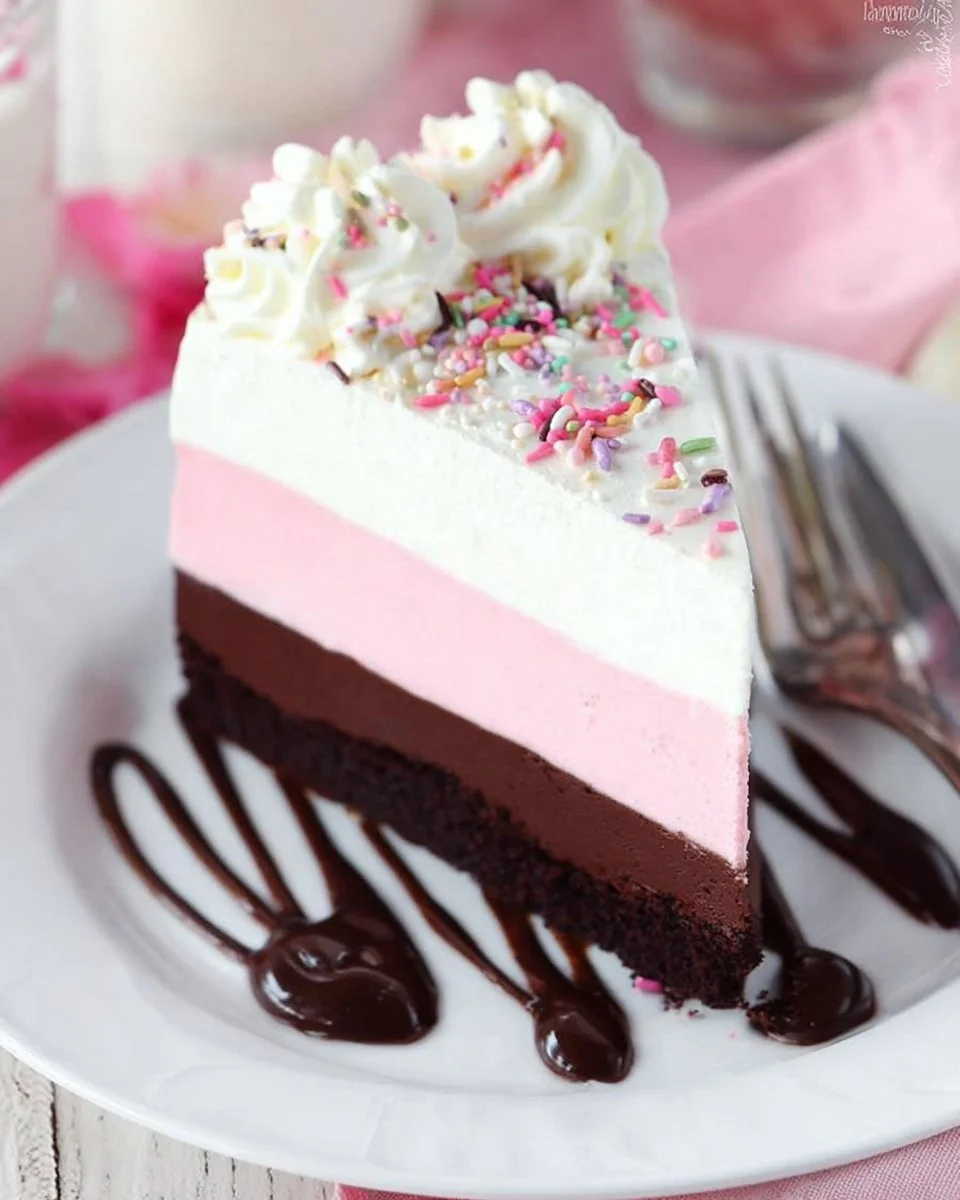 Triple layer ice cream cake with chocolate, vanilla, and strawberry layers