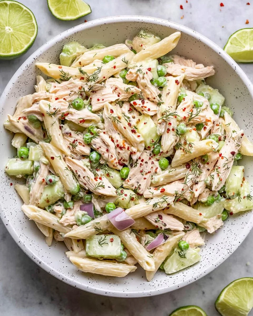 Bowl of colorful Tuna Pasta Salad with vegetables and dressing