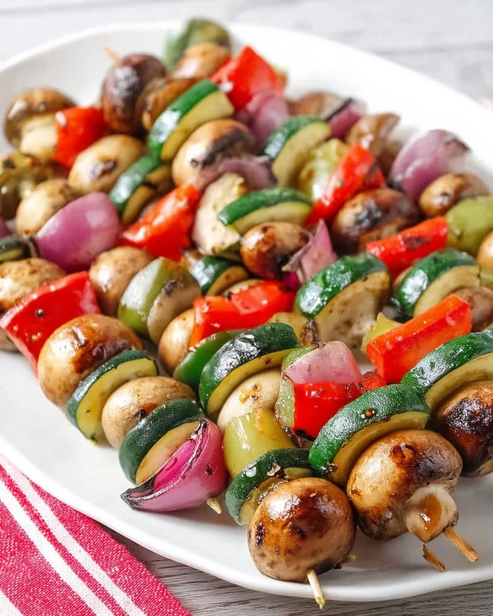 Colorful veggie kabobs with bell peppers, zucchini, and mushrooms on skewers