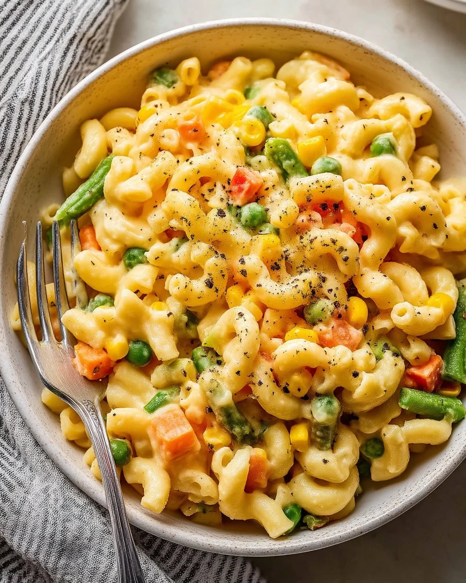 Delicious veggie mac and cheese with colorful vegetables and creamy sauce