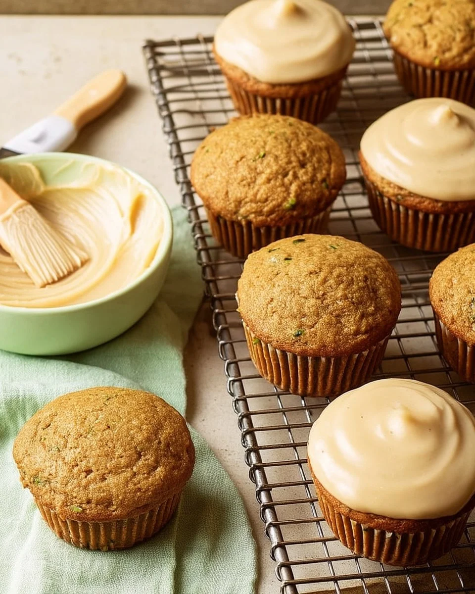 Delicious zucchini cupcakes with cream cheese frosting on a rustic table.