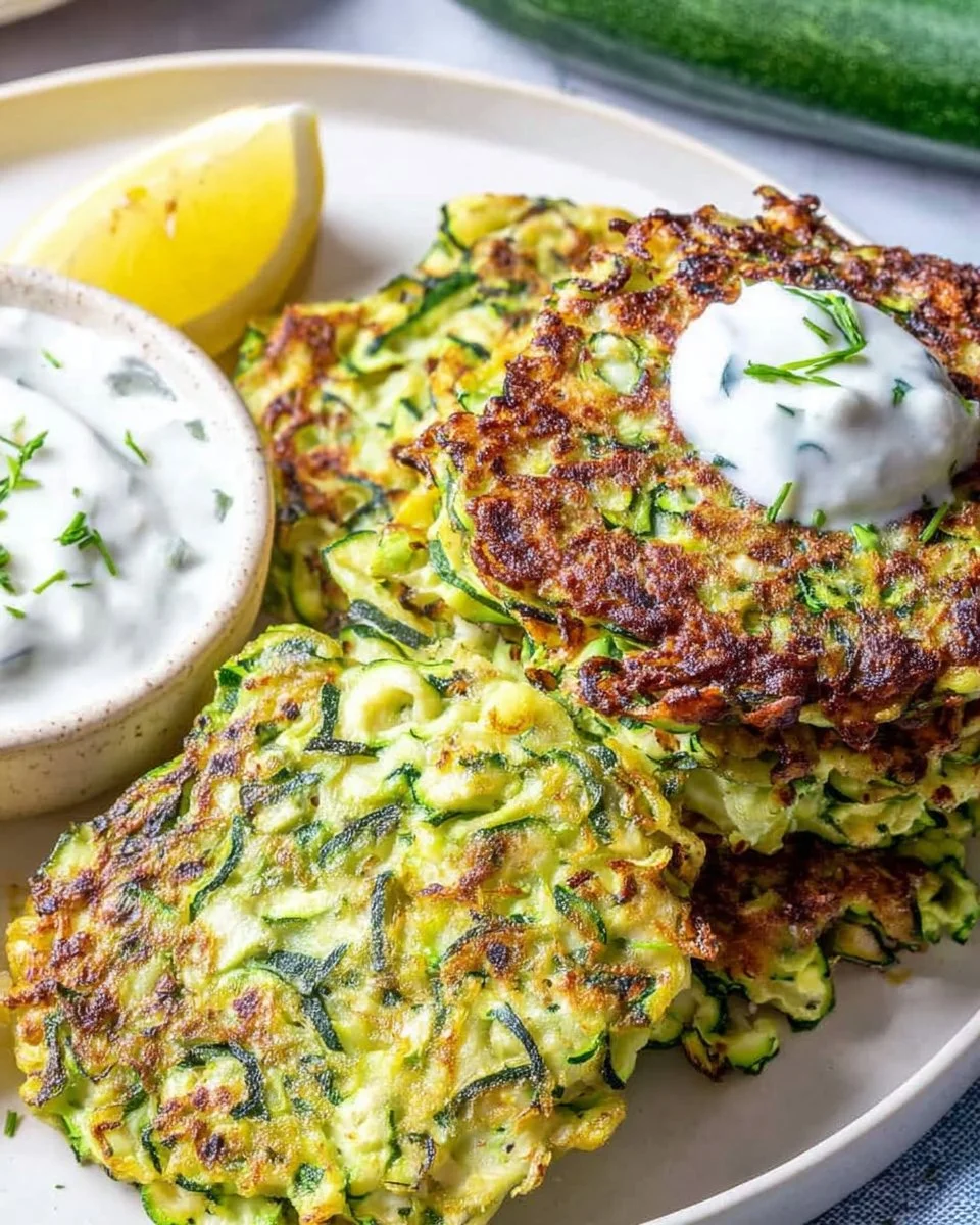 Crispy zucchini fritters served on a plate with dipping sauce.
