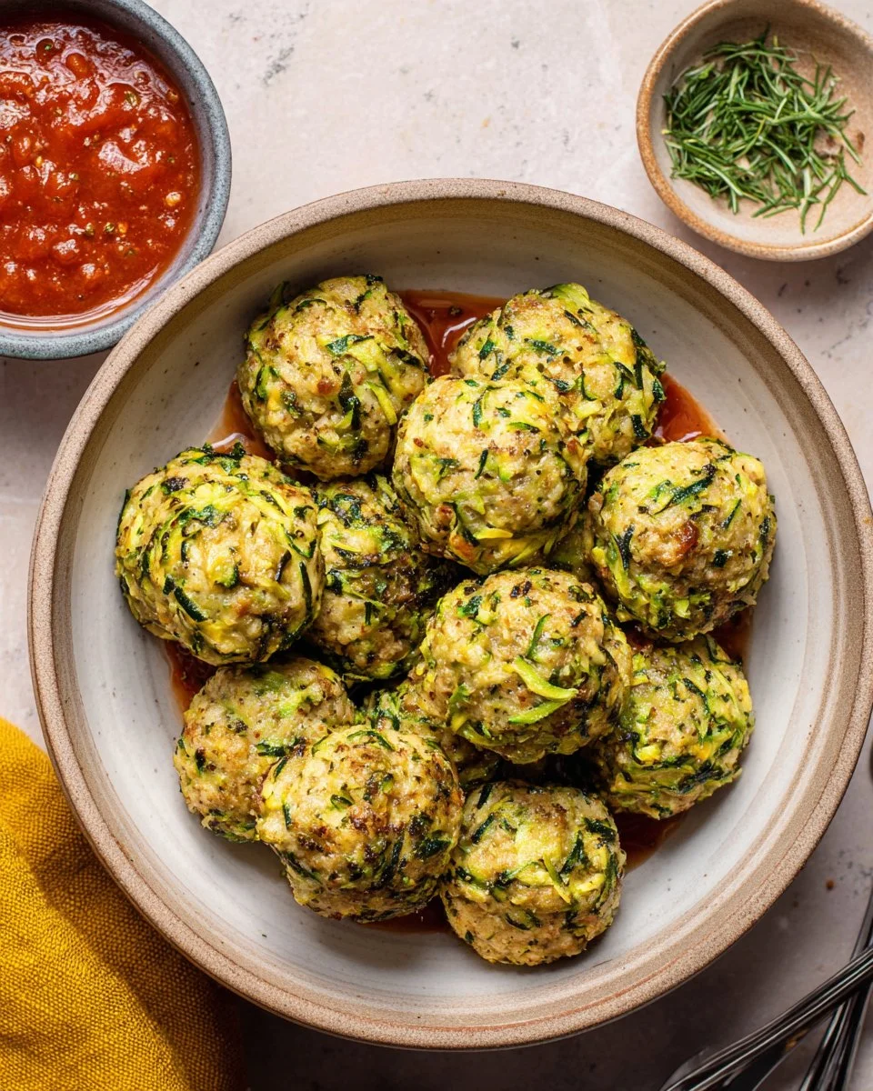 Plate of homemade zucchini meatballs garnished with herbs