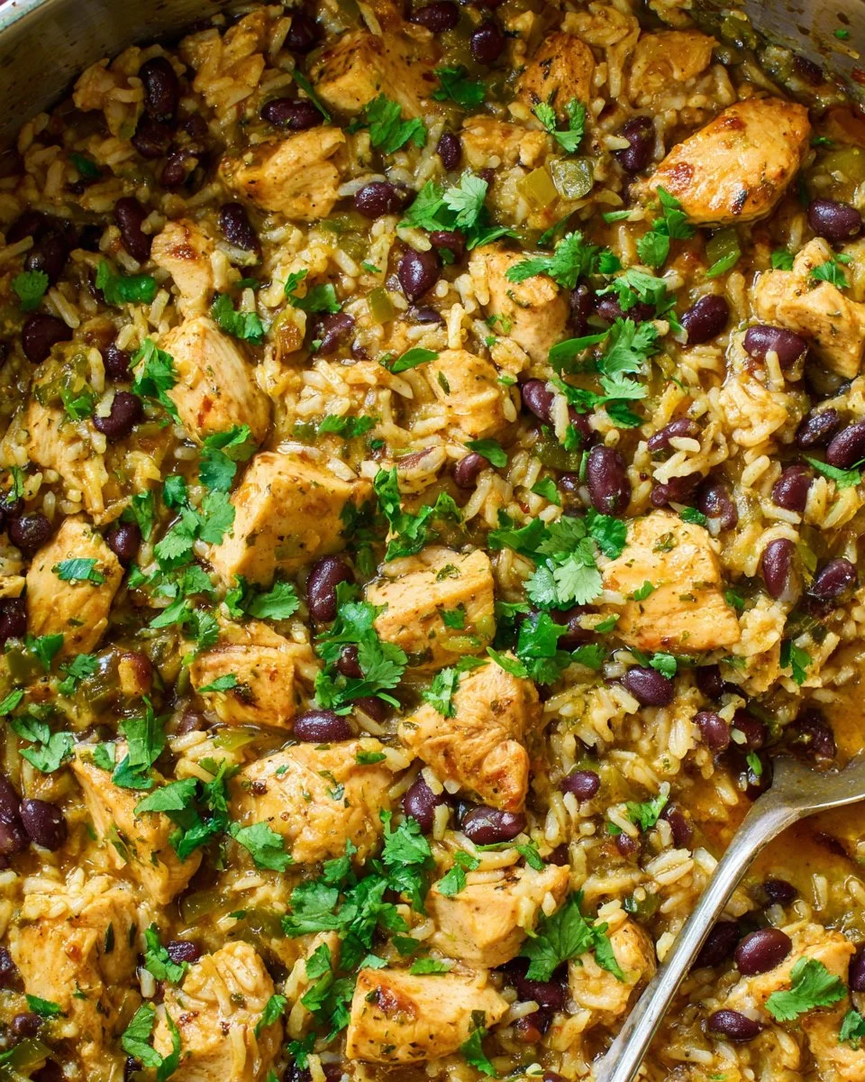 Delicious 15-Minute Salsa Verde Chicken with rice and beans