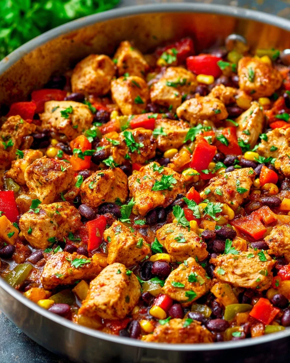 15-minute Southwestern Chicken and Black Bean Skillet in a frying pan