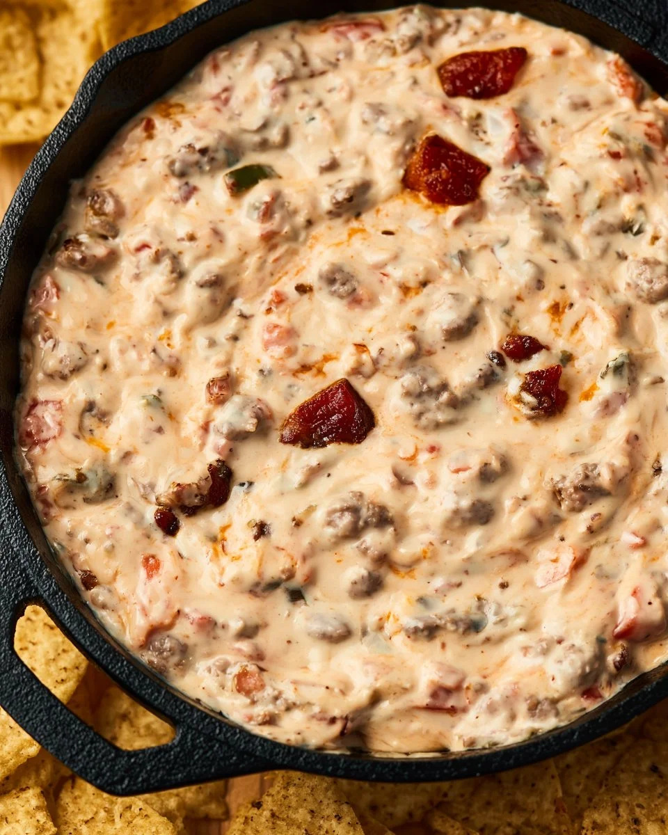 Delicious 3 ingredient sausage dip ready to serve at a party