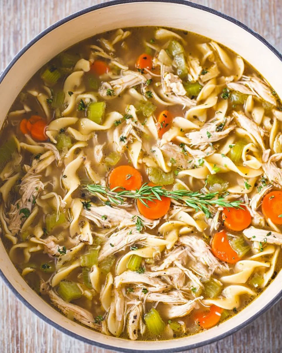 Bowl of homemade turkey noodle soup made with leftover turkey