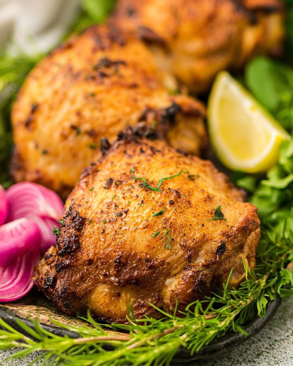 Crispy air fryer chicken thighs served on a plate with seasoning and herbs.