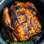 Crispy air fryer roast chicken served with fresh herbs and vegetables.