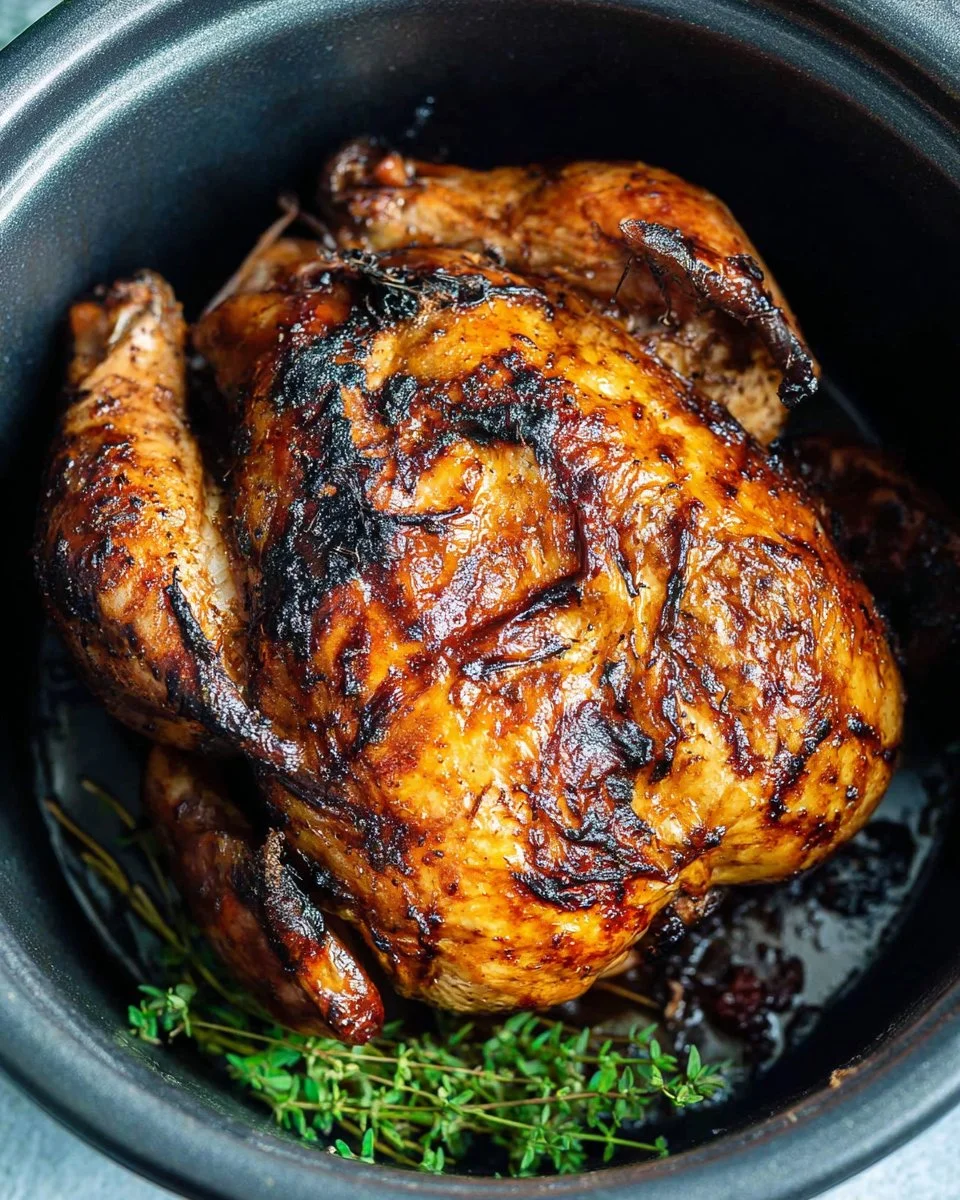 Crispy air fryer roast chicken served with fresh herbs and vegetables.