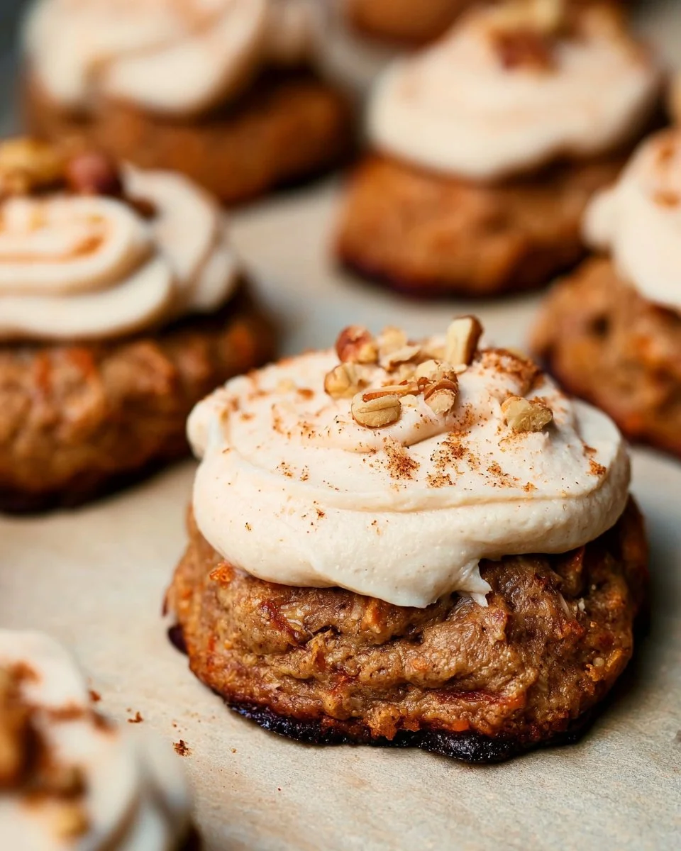 Apple carrot cookies with cashew cream cheese frosting on a plate