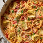 Plate of creamy artichoke pasta garnished with fresh herbs
